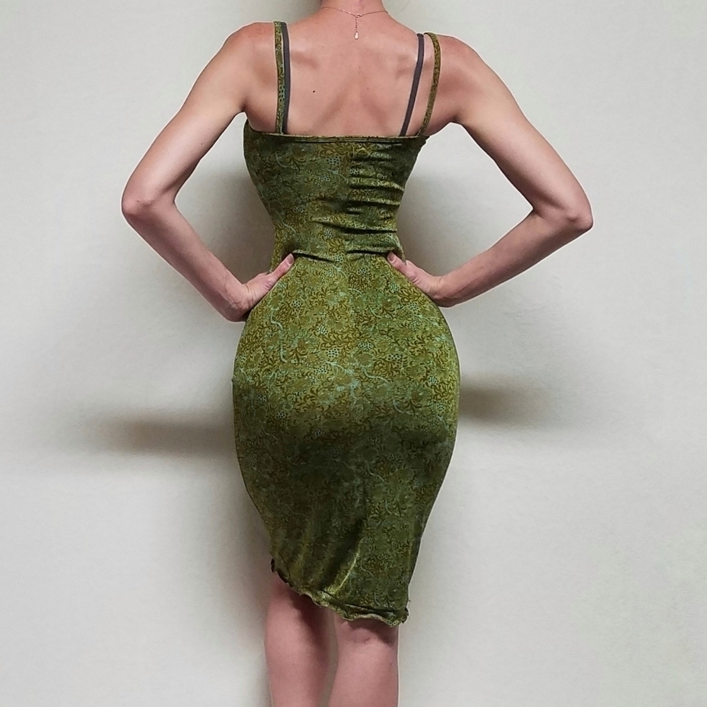 VINTAGE A. Aubrey Green Paisley Stretchy Pin-up Tie Bust Midi Bodycon Dress S - Picture 3 of 16
